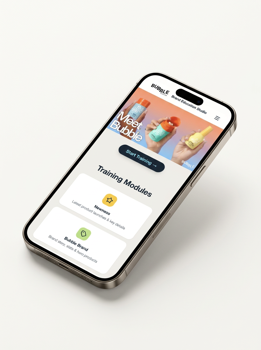 Bubble Education Studio on mobile — interactive product training app used by field teams in-store