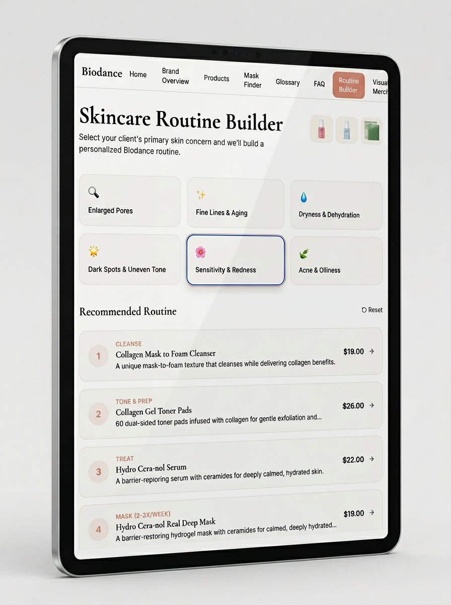 Biodance Education Studio on tablet — custom-built digital training platform with product training modules, ingredient glossary, routine builder, and knowledge quizzes